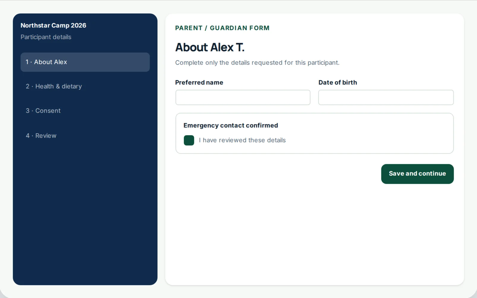 CampHQ delegated participant details form