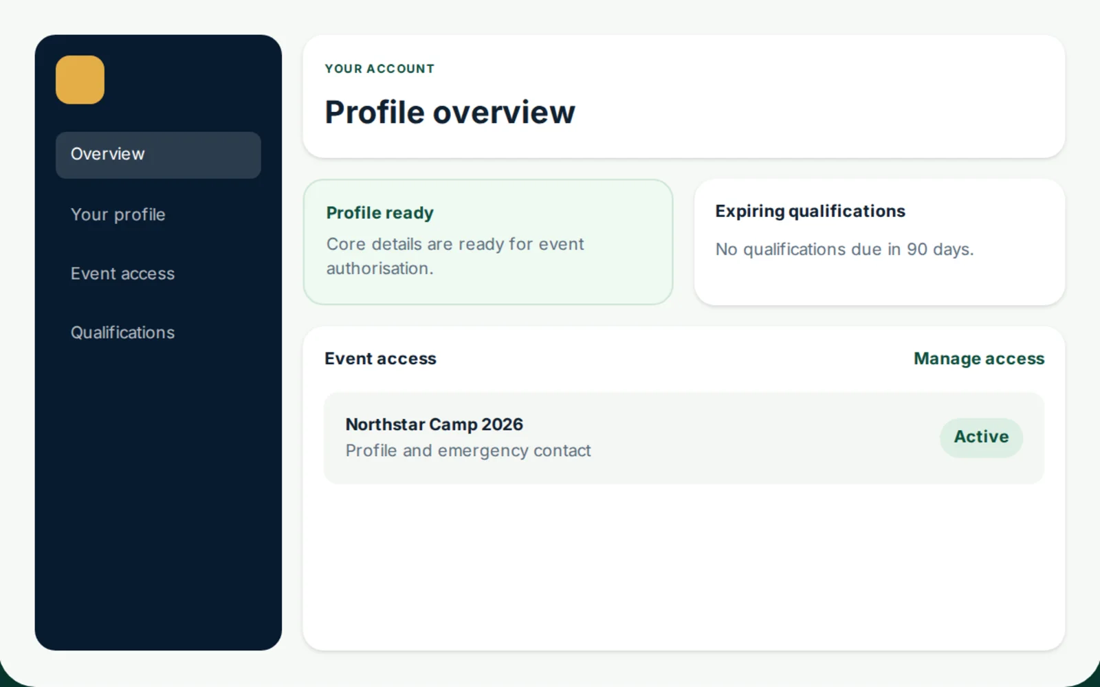 Staff Hub portal showing profile readiness and event access
